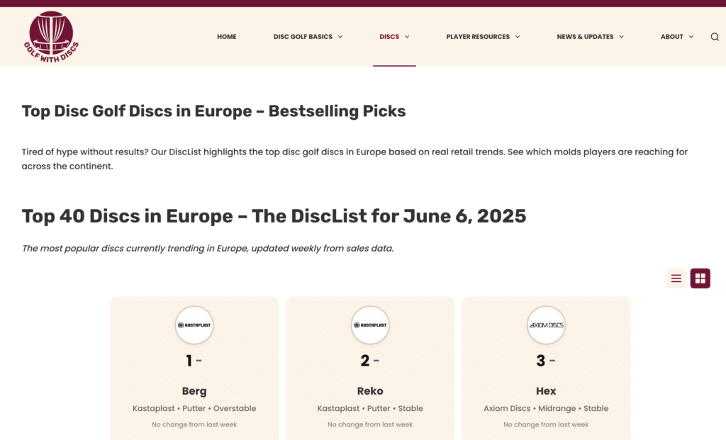 Screenshot of Golf With Discs website showing the Top 40 Disc Golf Discs in Europe for June 6, 2025. Ranked discs include Berg (1), Reko (2), and Hex (3), with descriptions and brand logos. Page highlights data-driven disc popularity trends in Europe